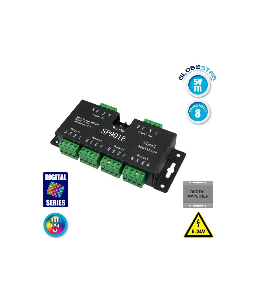 LED Digital RGB Ενισχυτής Σήματος SP901E LED Pixel WS2812B WS2811 SPI Signal Amplifier Repeater 10000 IC Professional Series 5v - 12v - 24v GloboStar 88774